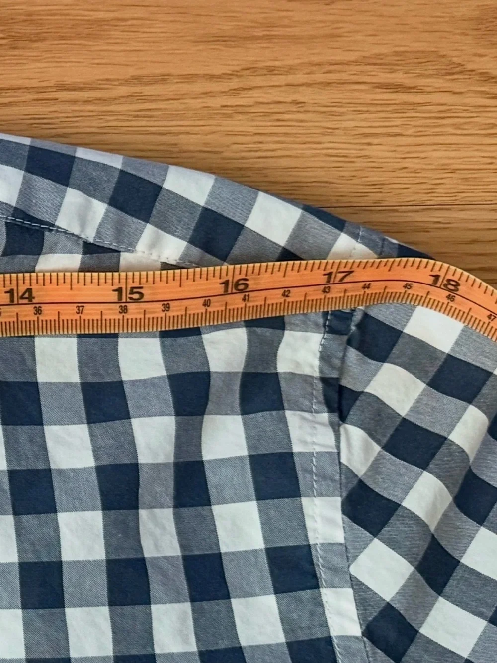 Upcycled J. Crew Navy and White Gingham Button-Down Shirt with Ruffle Neck - Picture 12 of 14
